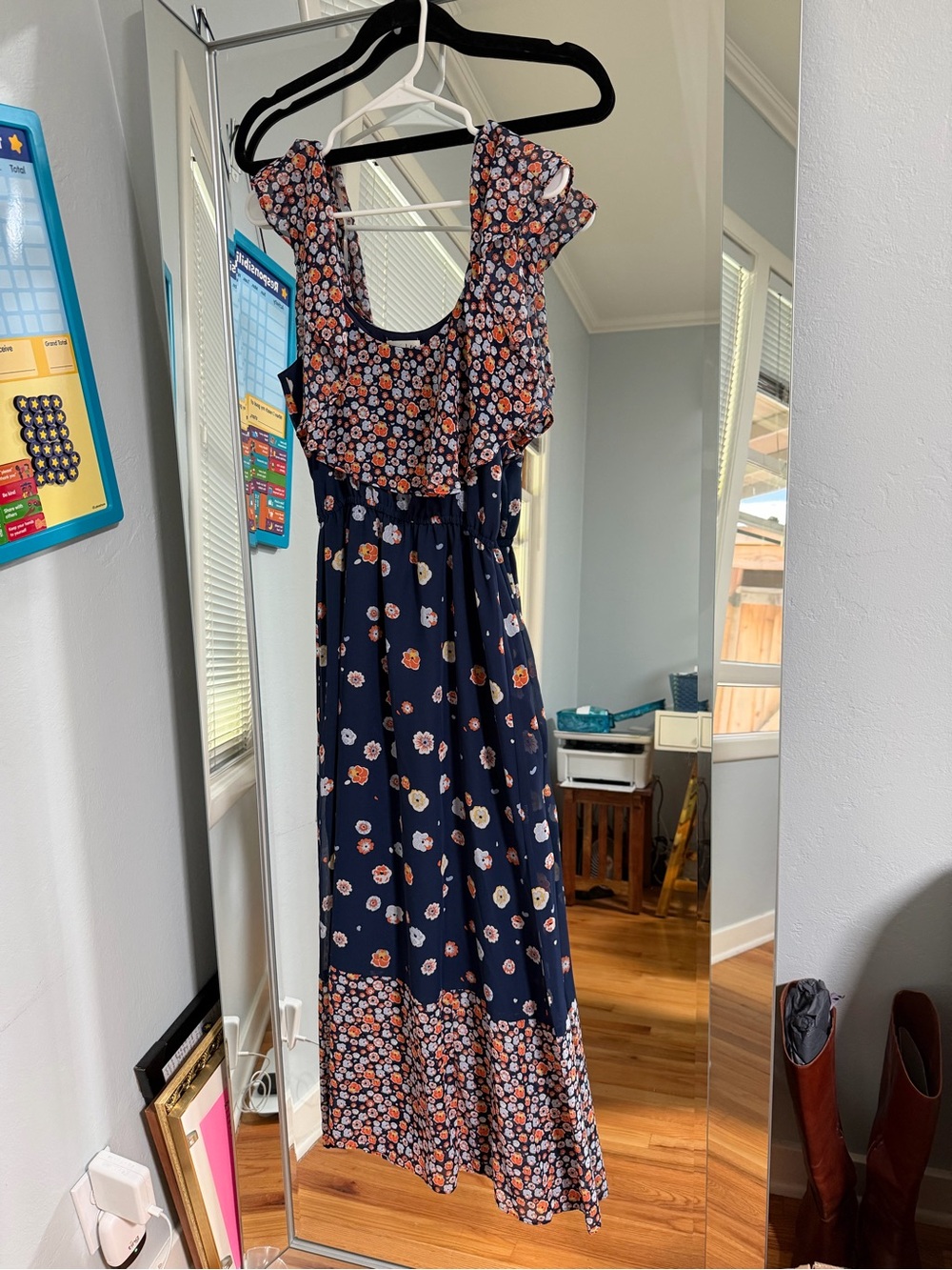 Maison Jules Navy Floral Maxi Dress with Peach and White Blooms
